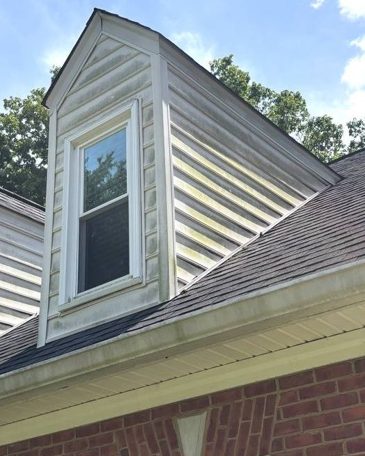 Dormer siding before washing, streaked with green and yellow