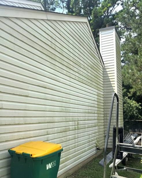 Same siding wall before washing, green mildew along the boards